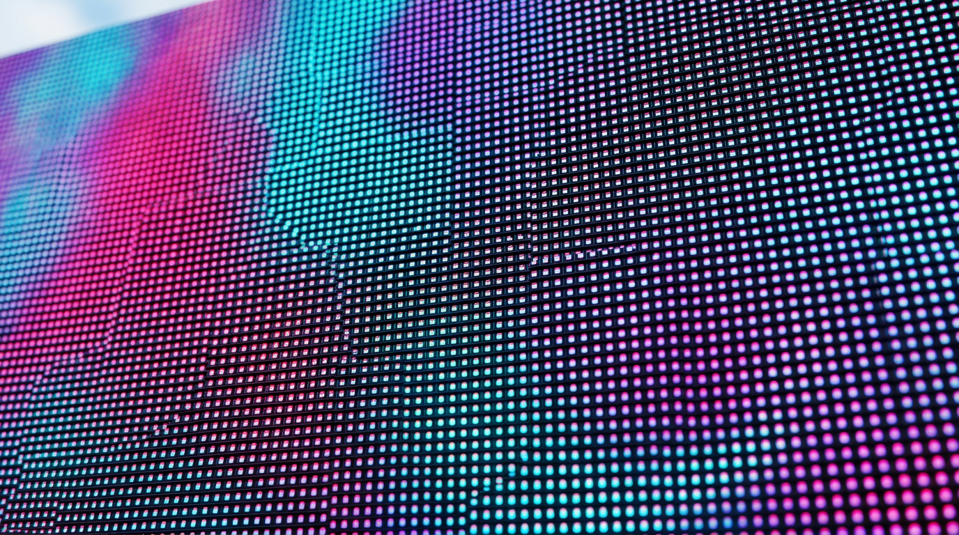 Superfície de painel de LED em close, com os pontos de LED individuais organizados em grade