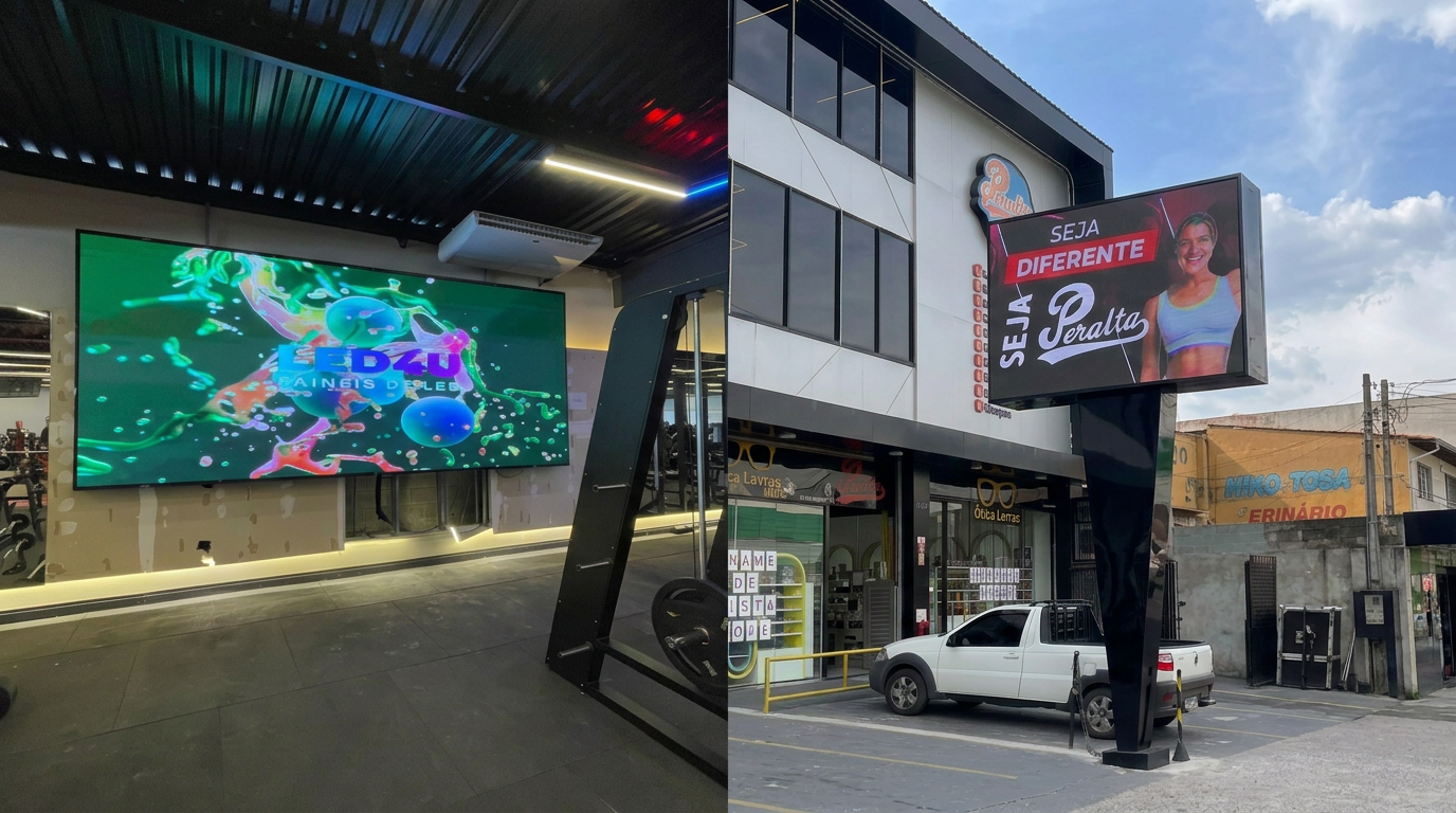 Comparativo de painel de LED indoor em academia e outdoor em fachada comercial
