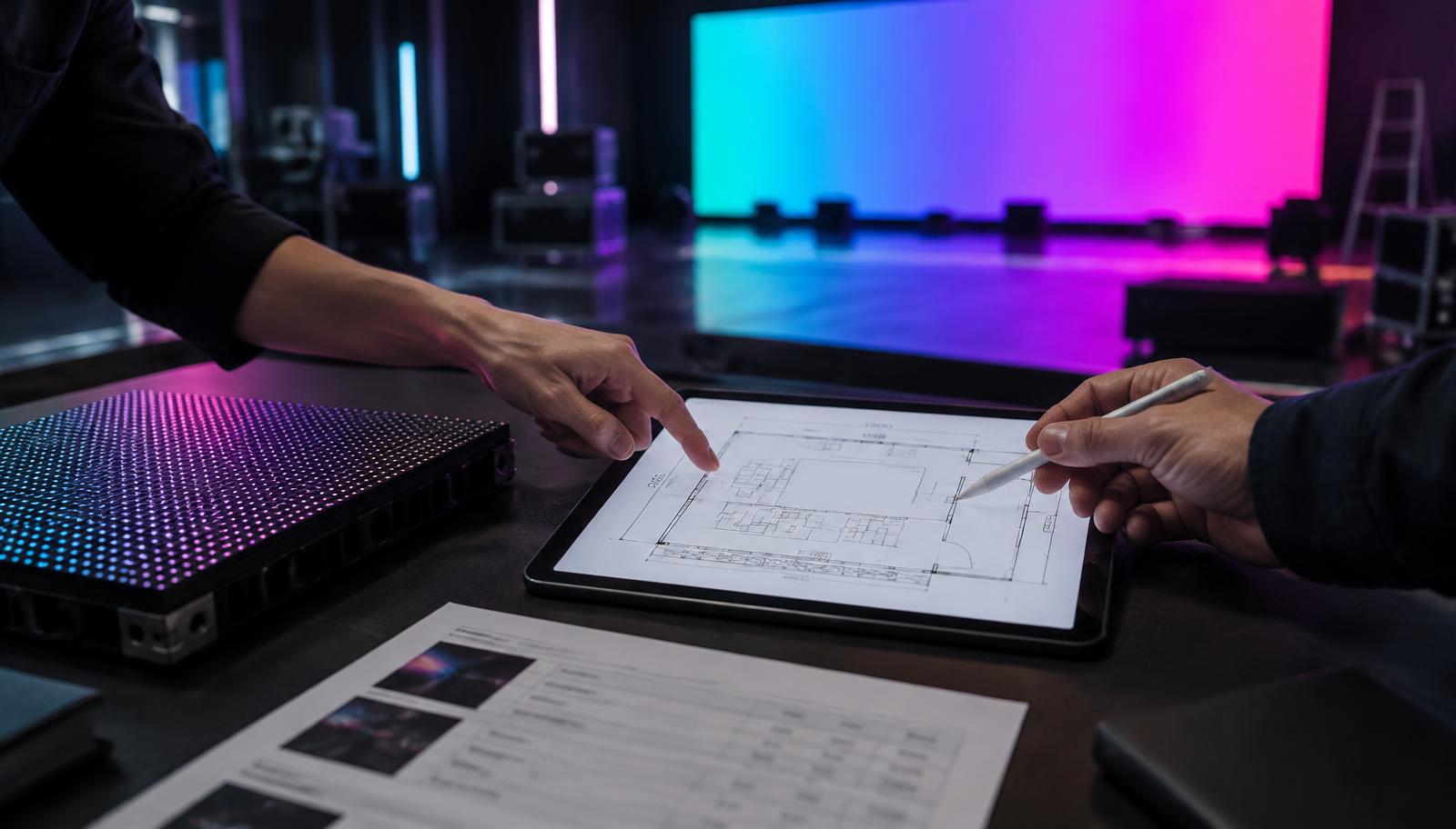 Mãos apontando para a planta de um espaço em um tablet ao lado de um módulo de painel de LED e de um orçamento