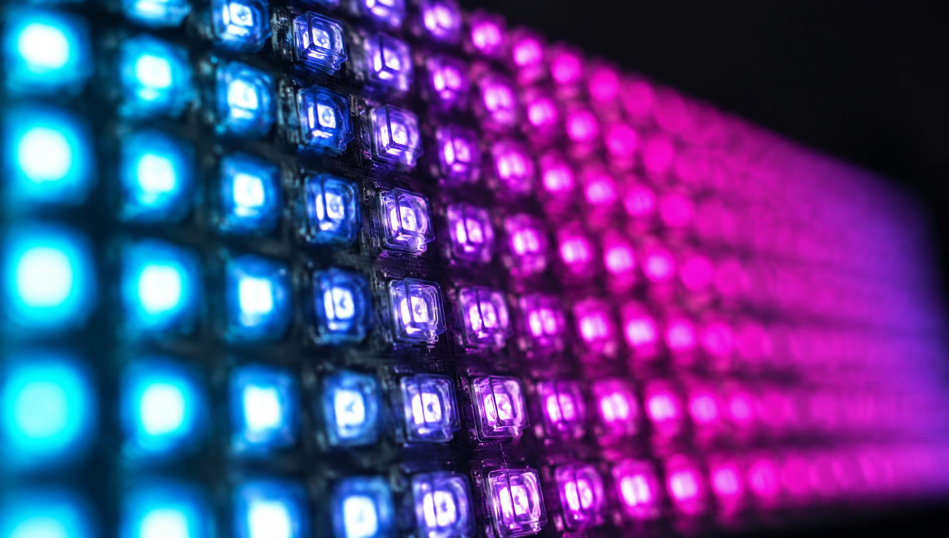 Close de painel de LED mostrando os diodos organizados em grade com pixel pitch denso