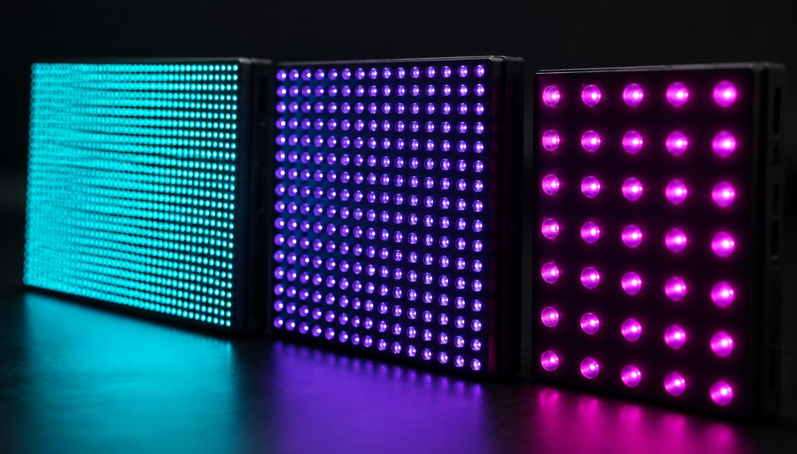 Três módulos de painel de LED lado a lado com diferentes espaçamentos entre os pontos de LED